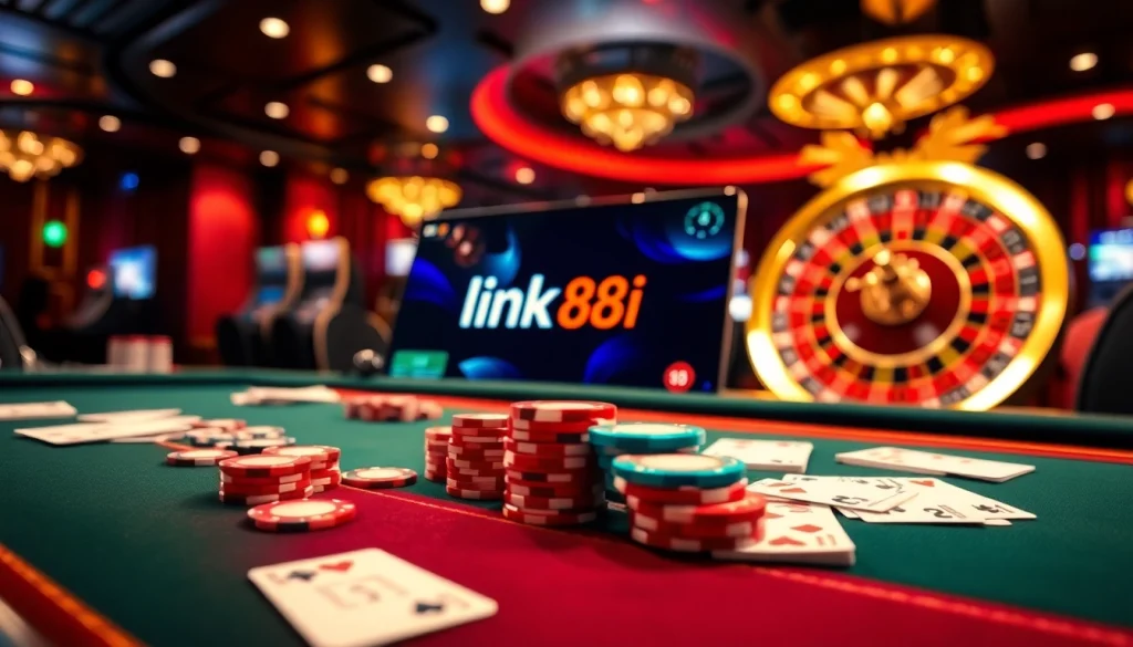 Engaging gameplay at link 88i casino with vibrant poker chips and cards spread joyfully.