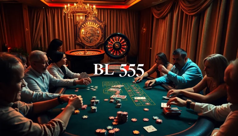Players enjoying a high-stakes poker game at BL555 Casino with thrilling atmosphere and luxurious decor.