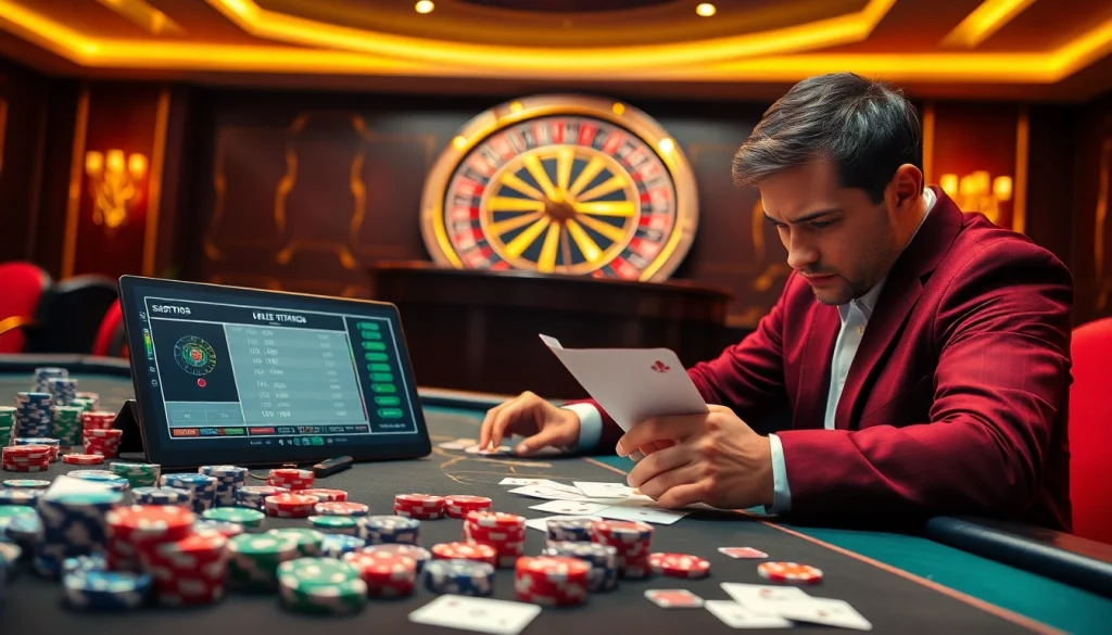 Betting action showcasing tỷ lệ nhà cái as players strategize at a casino table with cards and chips.