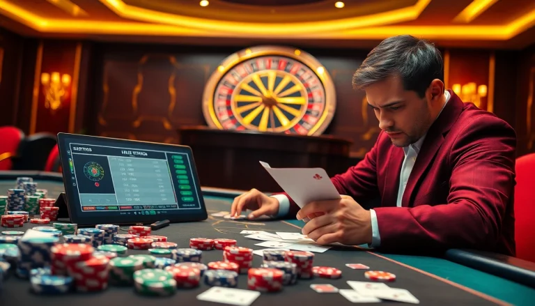 Betting action showcasing tỷ lệ nhà cái as players strategize at a casino table with cards and chips.