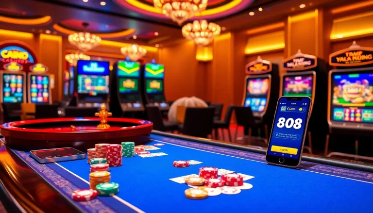 Engaging scene of a vibrant 88i nhà cái casino table with poker chips, cards, and online gaming interfaces.
