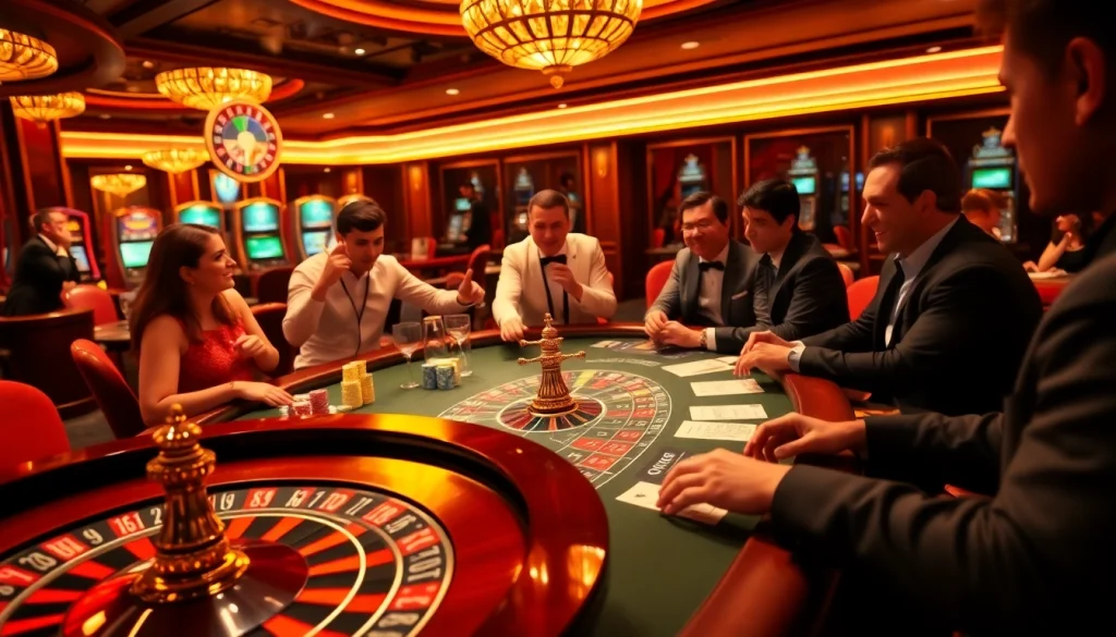 Players celebrating wins at a vibrant casino scene with mv88 gaming options in the background.