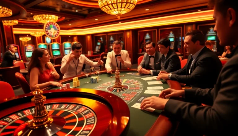 Players celebrating wins at a vibrant casino scene with mv88 gaming options in the background.