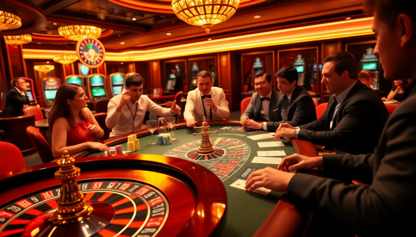 Players celebrating wins at a vibrant casino scene with mv88 gaming options in the background.