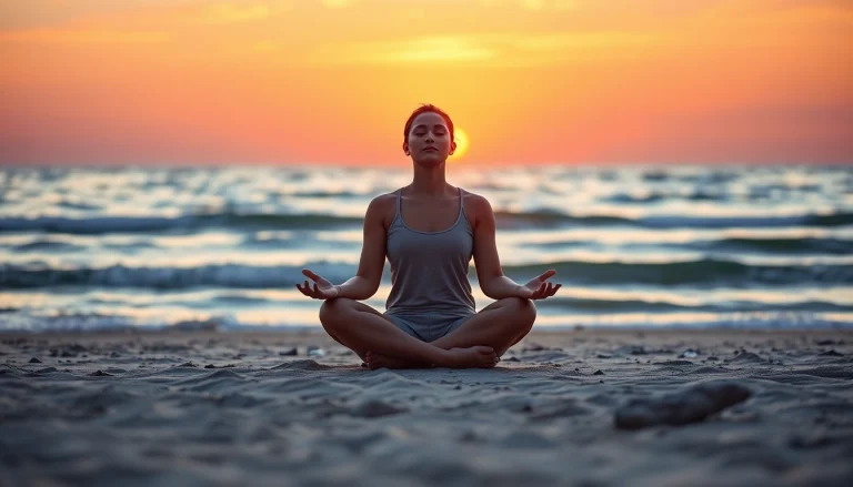Meditating on a beach symbolizes emotional wellbeing with a peaceful sunset backdrop.