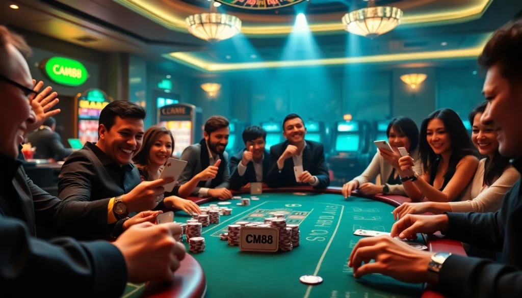 Engage with CM88 on a vibrant casino floor featuring players at a poker table.