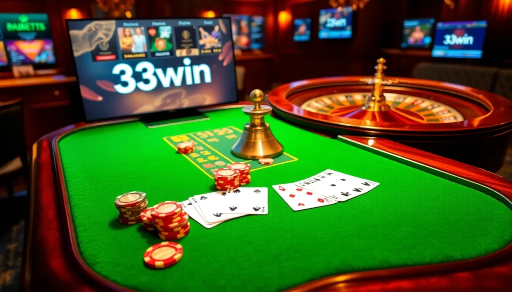 Exciting online gambling atmosphere featuring 33win's high-stakes poker table with vibrant chips.