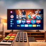Erleben Sie den Komfort einer IPTV Streaming Plattform in einem gemütlichen Wohnzimmer.