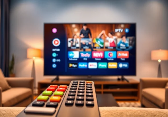 Erleben Sie den Komfort einer IPTV Streaming Plattform in einem gemütlichen Wohnzimmer.