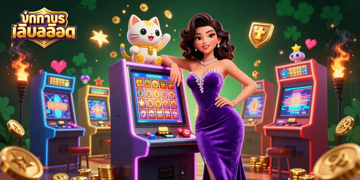 Experience ทดลองเล่นสล็อต with a stunning woman, fortune cat, and vibrant slot machine illustration.