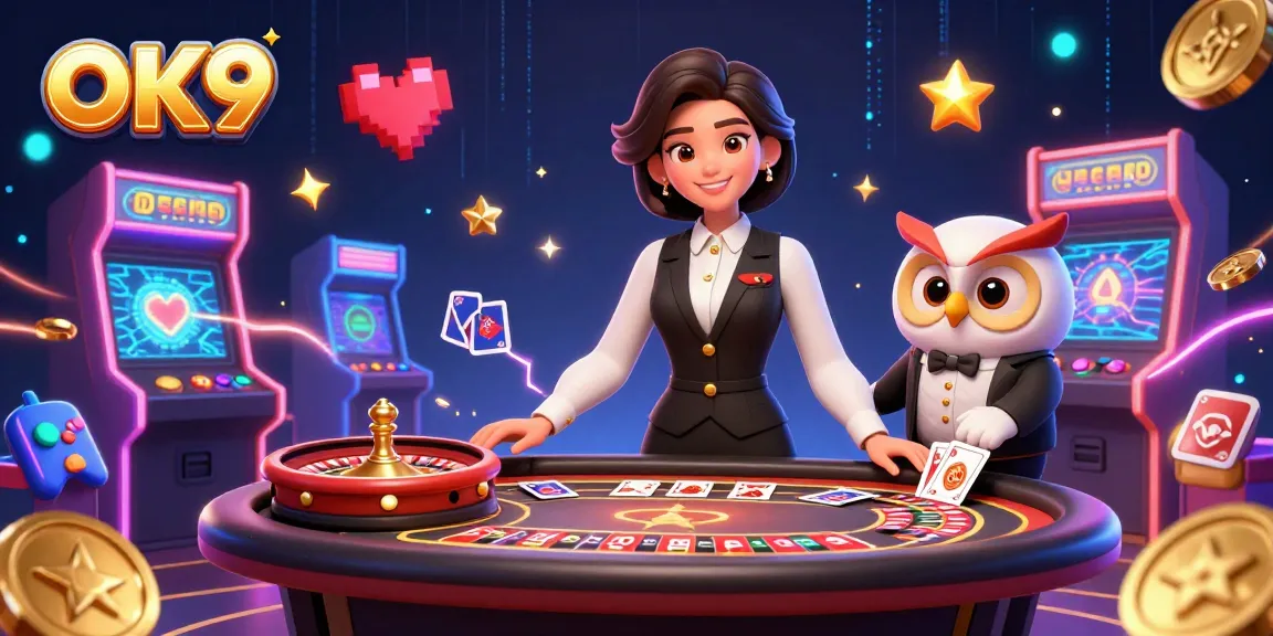 Experience the thrill of OK9 with immersive casino scenes featuring dealers and games.