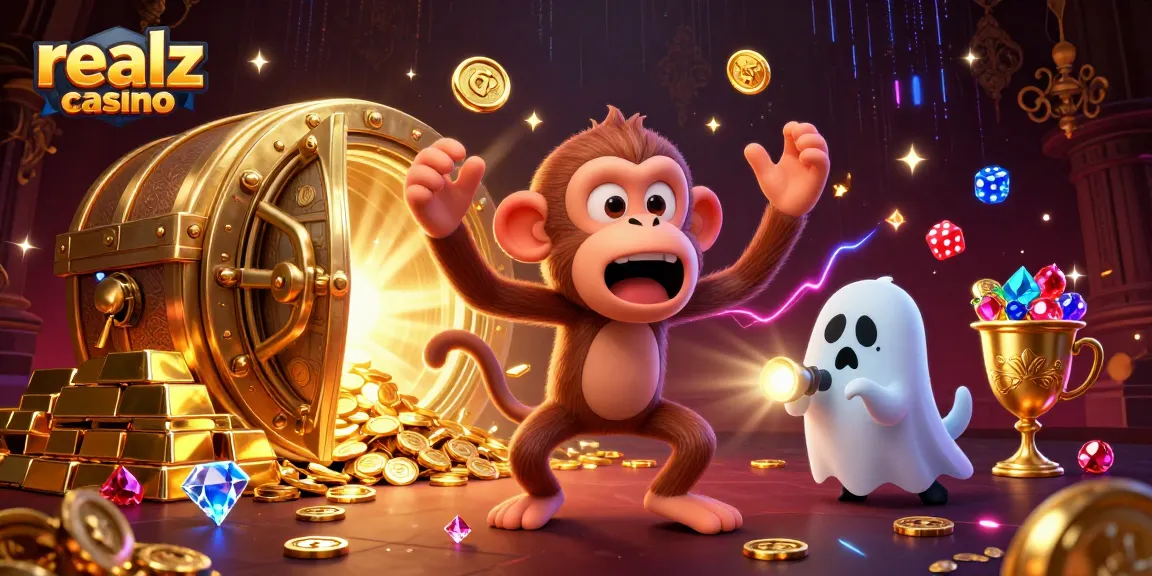 Engage with realz casino's thrilling atmosphere as a playful ghost juggles winnings in a haunted setting.