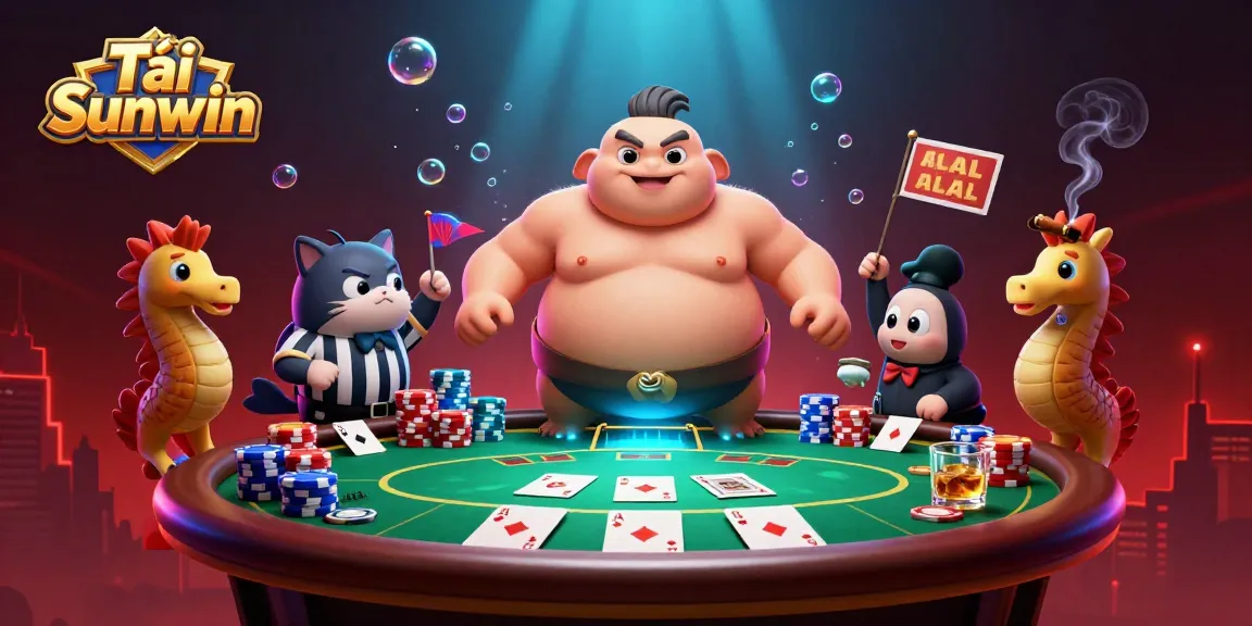 Tải Sunwin and play exciting underwater poker with a gigantic fugu and friends in a vibrant casino scene.