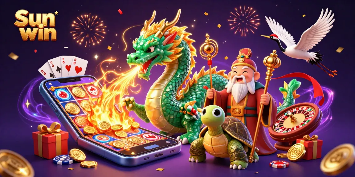 Engage in thrilling gameplay with Sun win's vibrant 3D casino fantasy featuring a dragon and lucky symbols.