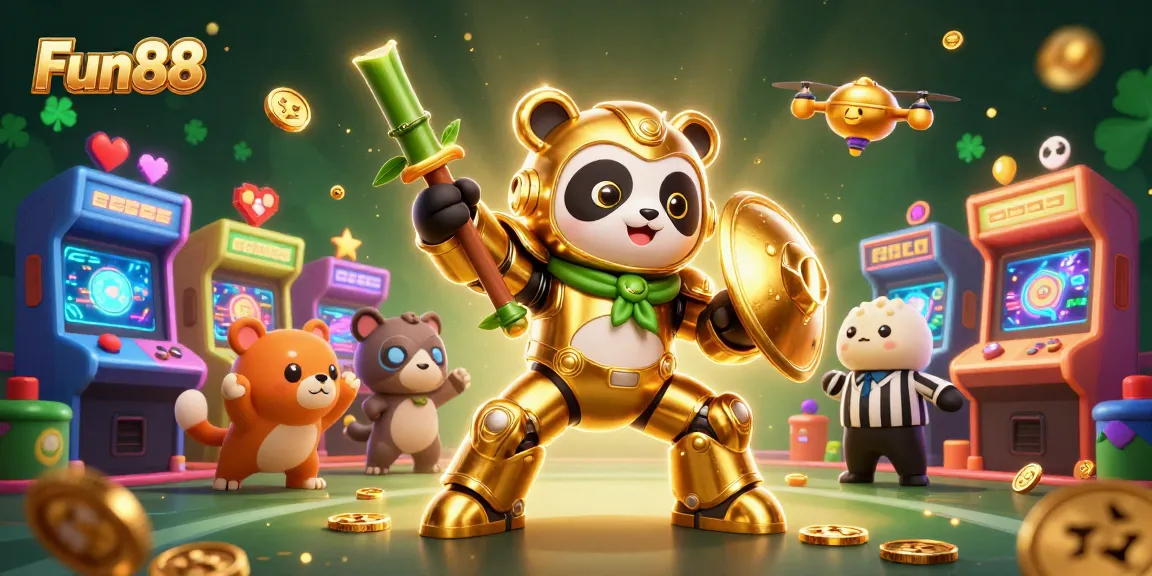 Engage with Fun88's vibrant casino gaming scene featuring a panda mech-suit battle in a stylized arena.
